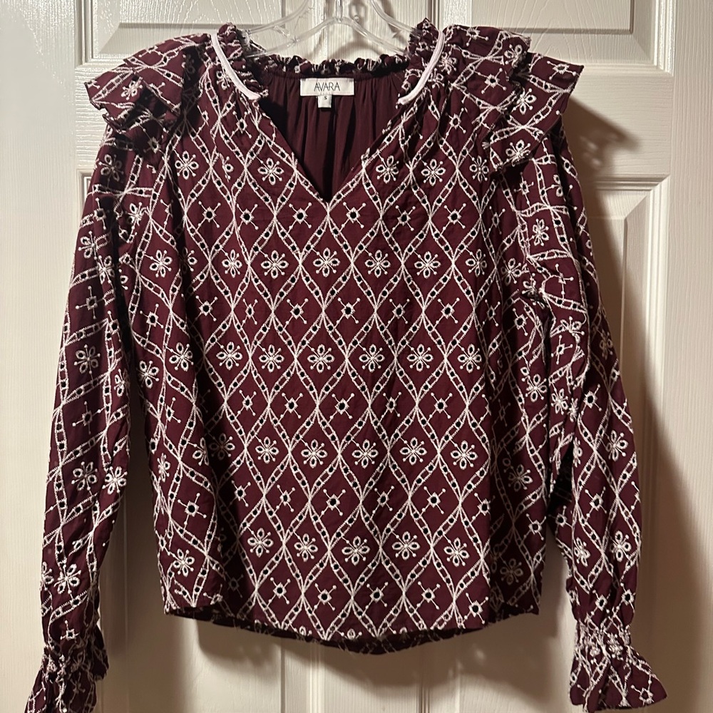 Women's Burgundy Patterned Ruffle Top - Picture 3 of 7